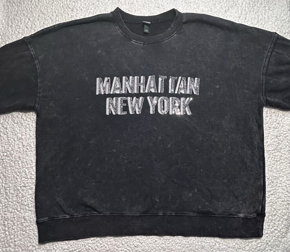 Wild Fable Women Sweatshirt Size L Black Mineral Wash Manhattan Rhinestone